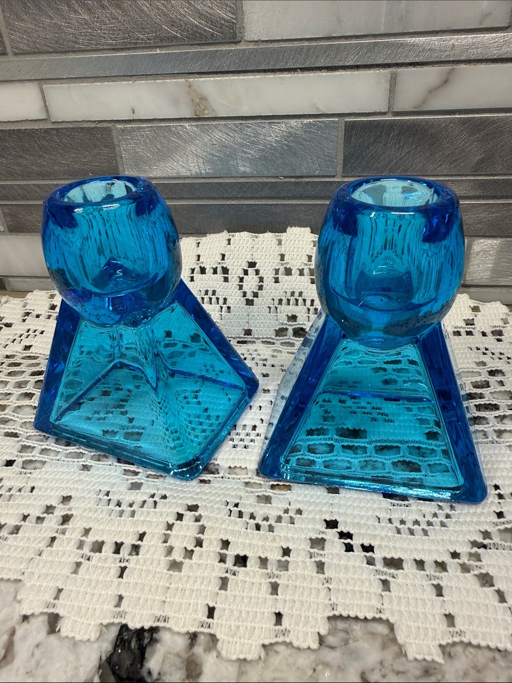 Pair of Blue vintage Glass Candle Holders-Viking? Fostoria?